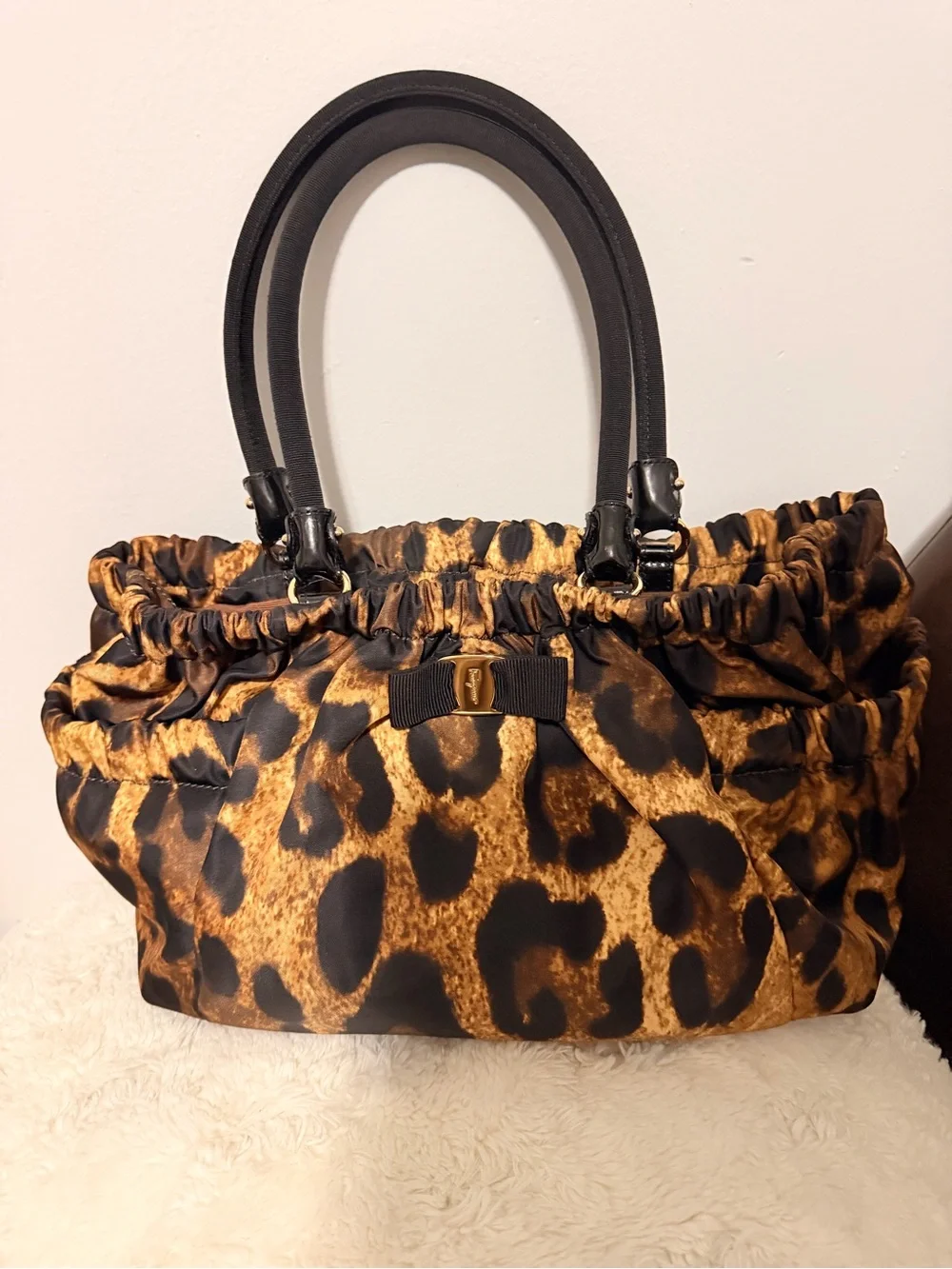 Salvatore Ferragamo Leopard Print Tote in Tan and Black